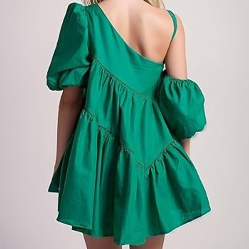 Showpo Women Cotton Linen Dress 8 Green One Shoulder Preppy Garden Tiered Mini - Picture 2 of 7